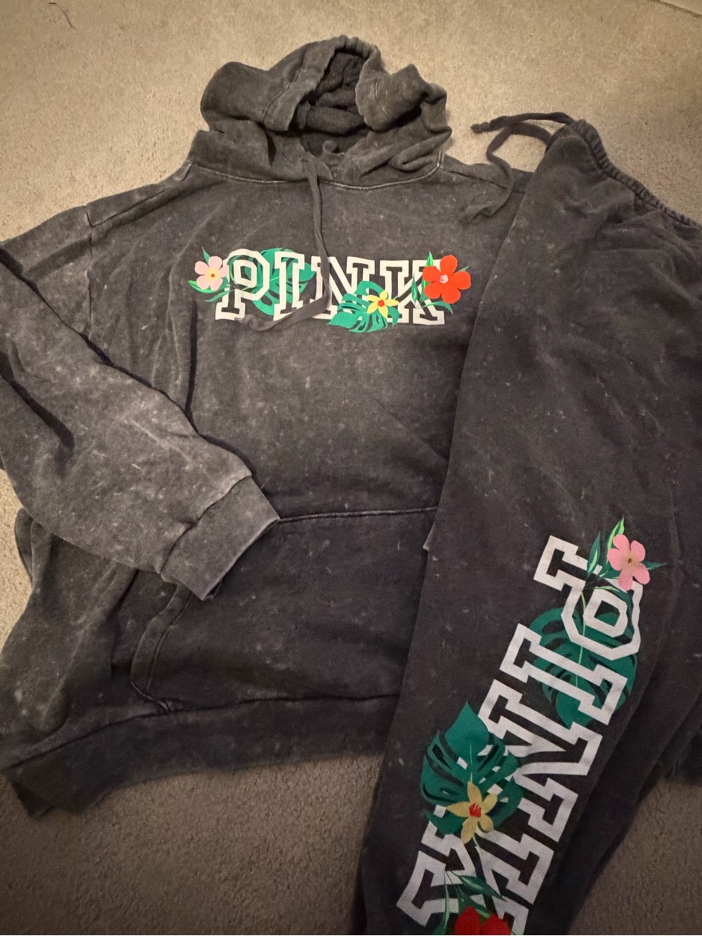 PINK Victoria's Secret XL Black Washed Hoodie & sweatpants set Floral Logo